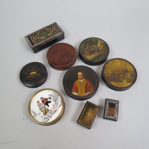 9 19th Century Boxes;: paper mache, burl and others, some scenic including Mt. Vesuvius erupting, courting scene and more, largest is 3 1/4" diameter.