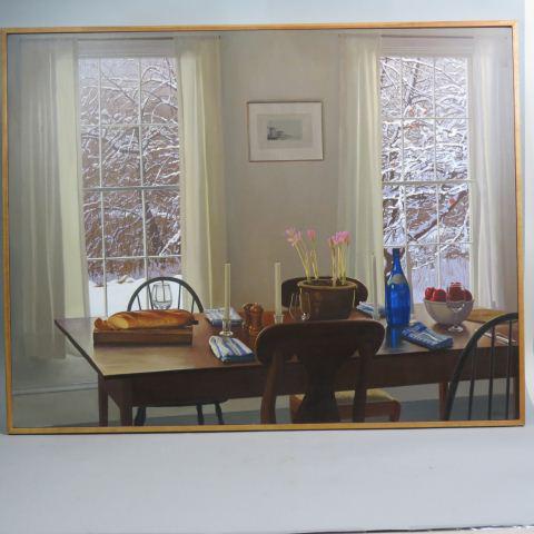 William Brewster Hoyt, oil, "Winter Dinner": interior scene with dining table, snow outside windows, well listed artist, signed and dated 1994, image area 47 1/2" X 35 1/2", with copy of email from the artist, putting current value at $18,000.00