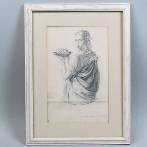 A. Kamionowski, pencil drawing, classical style: young lady carrying baby birds in a bowl, signed and dated 1897, image area 10" X 14", very well done.