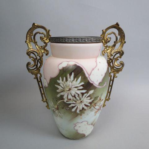 Wavecrest Art Glass Vase,: bronzed handles, 11" tall, signed, a scarcer Wavecrest piece...Wave Crest glass is an opaque white glassware manufactured by the Pairpoint Manufacturing Company of New Bedford, Massachusetts, and some