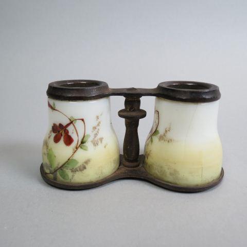 Wavecrest Art Glass Figural Match Holder,: or toothpick holder, in shape of a pair of opera glasses, 2 1/4" tall, 4 1/2" across, a rare Wavecrest item, on hairline...Wave Crest glass is an opaque white glassware manufactured by the Pairpoint M