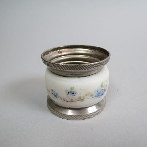 Wavecrest Art Glass Napkin Ring,: blue floral, 1 3/4" diameter, scarce, pat'd 1886, excellent....Wave Crest glass is an opaque white glassware manufactured by the Pairpoint Manufacturing Company of New Bedford, Massachusetts, and some