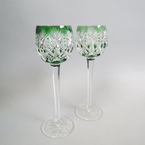 2 St. Louis Crystal Emerald Cut-to-clear Wines,: diamond, fan, cane bowls, cut stems and bases, signed, 9 1/2", excellent....The Compagnie des Cristalleries de Saint Louis is a corporation, founded in 1767 in Münzthal (Saint-Louis-lès-Bitche in Fr