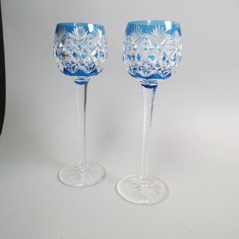 2 St. Louis Crystal Blue Cut-to-clear Wines,: rich sapphire blue, diamond, fan and cane bowls, clear cut stems and bases, signed, 9 1/2", excellent....The Compagnie des Cristalleries de Saint Louis is a corporation, founded in 1767 in Münzthal (