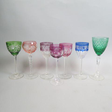 7 Colored Cut-to-clear Wine Goblets,: various colors, patterns and makers, 7 1/2" to 9", a nice estate collection, excellent.