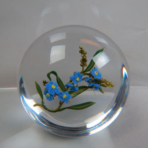 Paul Stankard Art Glass Paperweight,: blue Forget-me-Nots, signed and dated 1986, #49 of 100, 2" tall, 3" diameter,. Provenance Smithsonian 1986. Excellent....Paul J. Stankard is an internationally acclaimed artist and pioneer in the stud