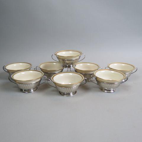 8 Sterling Silver & Lenox Cream Soups,: fancy openwork sterling holders by Manchester Silver Company, porcelain inserts by Lenox with gold bands, 325 grams (without liners), 4" diameter, excellent.