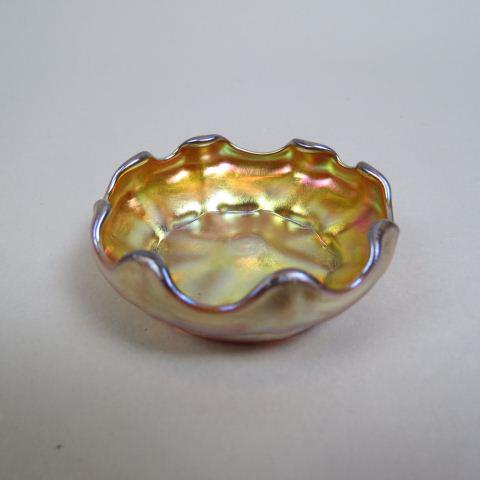 Tiffany Favrile Art Glass Salt Cellar,: golden iridescent, wave edge, floraform, 2 3/4" diameter, signed, excellent.