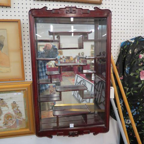 Chinese Wall Display Cabinet,: great for snuff bottles, netsukes, etc., mirrored back, inner shelves, 33 1/2" tall, 20" wide, 4" deep, locking with key.