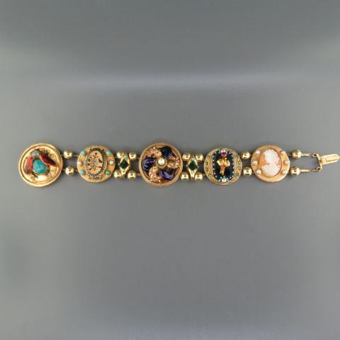 14K Gold & Gemstone Slide Bracelet,: 5 large discs include enamel bee, pearls, ruby, cameo and more, 7 3/4" long, 61.1 grams.