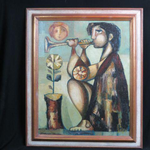 Francisco Pujol, Mid-Century Oil Figural Abstract: Painting, seated young man playing horn, potted flower, on canvas, image area 30" X 24", signed, well listed artist..Francisco Pujol is active/lives in Spain.