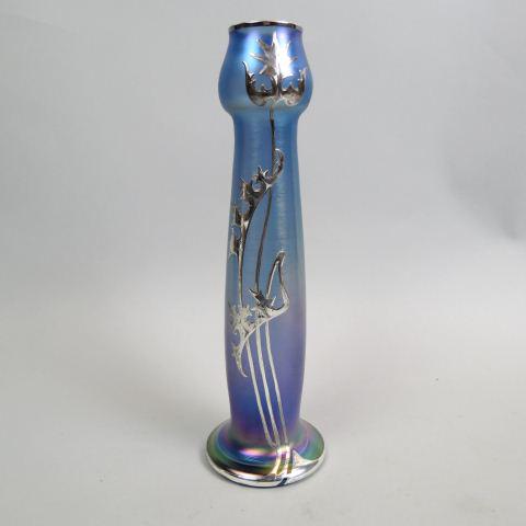 Loetz Silver Overlay Art Glass Vase,: Art Nouveau leaf design in iridescent blue tulip shape, 11" tall, unsigned, excellent.