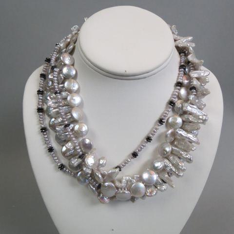 Pearl Necklace,: silver gray pearls, triple strand, various shapes, Chinese silver filigree clasp, 18" long.