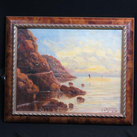 Richard Dey de Ribcowsky, oil,: Rocky Coastline sunset, guls in flight, on canvas, image area 16" X 20", nicely framed, well listed artist.....Biography from the Archives of askART........The following is from Charles Gurney.My know