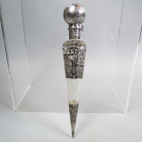 Dutch Style Silver & Cut Crystal Perfume Bottle,: long tapered teardrop shape, openwork silver tavern scenes, fisherman and couple on round hinged top, inner stopper, 10" long, 19th century.