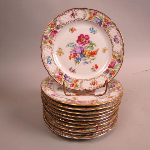 11 Schmann Bavarian Porcelain Plates, Empress,: Dresden Flowers, gold trim, 7 1/2", excellent.