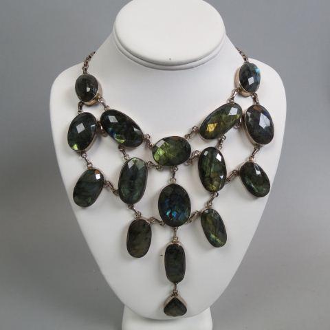 Labradorite & Sterling Silver Necklace & Earrings: total of 19 cabochon shape stones, faceted diamond design, hundreds of carats of gems, 17" long, 180 grams.