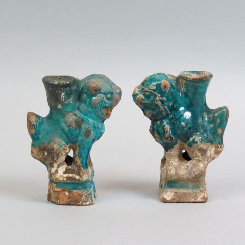 Pair of Chinese Pottery Figural Censors,: Foo dogs, 6", early.