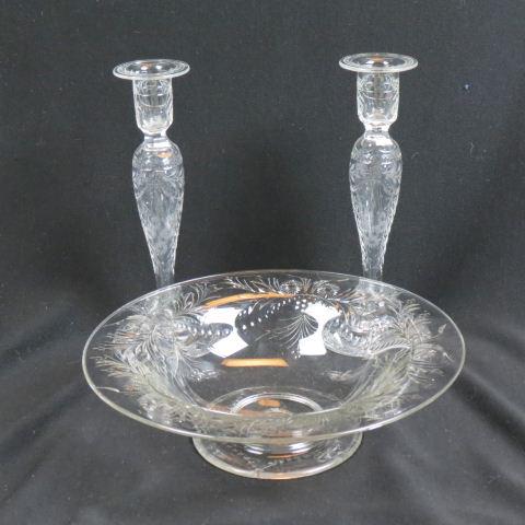Hawkes Engraved Glass 3 pc. Console Set,: pair of candlesticks (10 1/2"), and a centerpiece bowl (12 1/2").