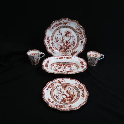 42 pc. Coalport "Indian Tree, coral" China Set,: service for 8 plus serving bowl, an extra dinner plate, coral color with gold trim, excellent.