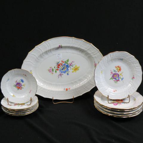13 pcs. Meissen Porcelain Dinnerware,: Neubrandenstein Bumen Deker, 1870-1920, 6 dishes (8"), 6 dishes (6"), and a oval platter (11" X 15"), fine floral, gold trim, excellent.