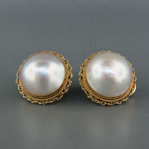 Mabe Pearl & 14K Gold Earrings,: lustrous 14.5 mm pearls in 14K yellow gold, clip settings, 9.5 grams.