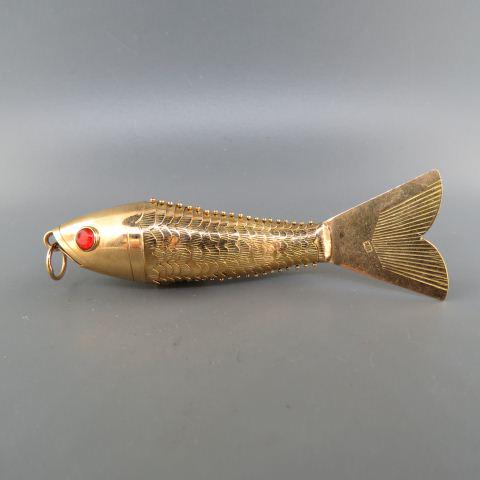 Chinese 18K Gold Articulated Fish Pendant,: yellow gold, red eyes, 3 1/4" long, 11.3 grams.
