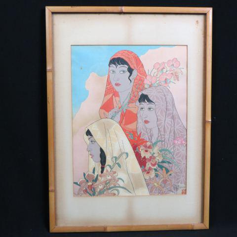 Paul Jacoulet Woodblock "Retour de la jungle",: three women with orchids, 11 7/8" X 15 1/2", 1948, edition of less than 300, pencil signed, Mandarin duck stamp....Paul Jacoulet is renowned for his stunningly intricate designs, his eloquently romant