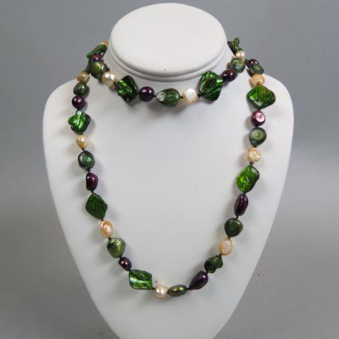 Pearl Necklace,: colorful peacock pearls and green "Zebra" style panel perals, 36" long.