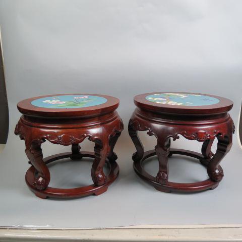 Pair of Chinese Cloisonne & Carved Wood Stands,: or Stools, 12" round cloissone with birds and flowers on blue field, set into tops on stands with carved bats and footed ring bases, 16" diameter total, 13" tall, excellent.