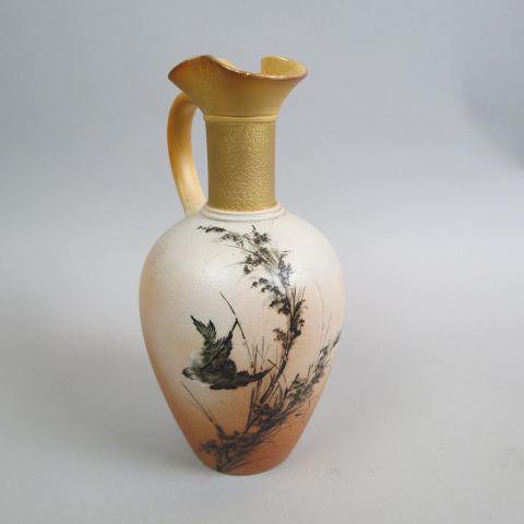 Rookwood Art Pottery Ewer,: hand painted bird in flight on a textured field, gold trim, signed A.M.B for Anna M. Bookprinter later Anna Marie Valentien, #299, Y mark, 8 1/2", excellent................Biography from the Archives
