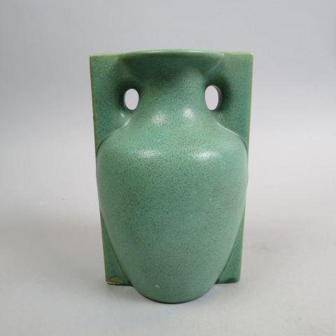 Teco Art Pottery Vase,: Arts & Crafts shape, #435, handled, 7" tall, chips.....Formally known as the American Terra Cotta Tile and Ceramic Company, the Illinois-based Teco Pottery started in 1885 by William Day Gates. “Tec