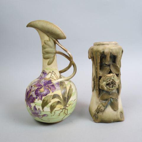 2 pcs. Teplitz Amphora Austrian Pottery,: vase with icicle style top and applied rose, ewer with floral decor, 7" & 9".............Teplitz refers to art pottery manufactured by a number of companies in the Teplitz-Turn area of Bohemia during 