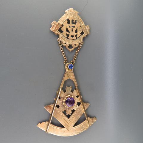 14K Gold Masonic Grand Master Medal Mizpah Lodge,: (Blue Lodge), Cambridge, Massachusetts, with an amethyst stone and a blue stone, with presentation engravings, 5 1/2" long, 54 grams...............MIZPAH LODGELocation: CambridgeChartered By: Charles 