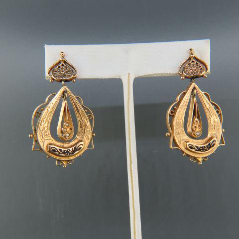 14K Gold Earrings,: Victorian style with black enamel and seed pearls (some missing), dangling, pierced, 10 grams, 1 7/8" long.