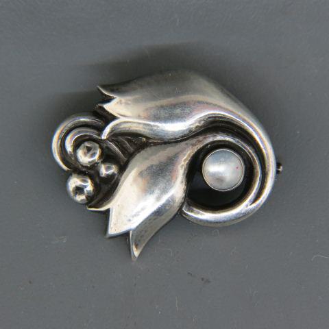 Georg Jensen Denmark Sterling Moonstone Brooch,: Art Deco, old .830 silver mark, #100, 1 1/8" X 1 5/8".....With a history that spans more than 100 years, the Georg Jensen brand represents quality craftsmanship and timeless aesthetic design, producin