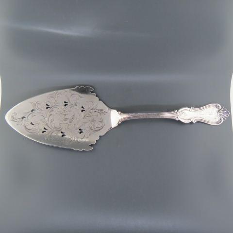 American Coin Silver Pie Server by Wood & Hughes,: openwork and engraved end, 10 3/4" long, circa 1840 "Lina Vitalis" on handle. (St. Louis family).