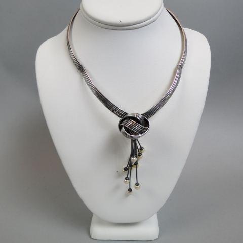 Mexican Sterling Silver Necklace by Antonio Pineda,: Taxco, hinged, six "string" style necklace with ten dangling pearls in a mid-century Art moderne dangle design, signed....Antonio Pineda was an internationally renowned Mexican modernist designer/silv