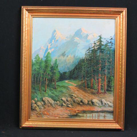 Oil Painting Landscape with Mountains,: rocky lakeshore, on board, image area 15" X 18" plus gold frame.