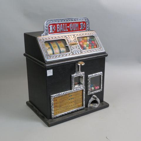 Early Penny Slot Machine with Gum Payout,: by Caille Brothers, Detroit, Michigan, 18" X 14" X 9", working.