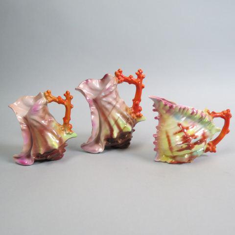 3 Royal Bayreuth Porcelain Figural Shell Creamers,: in rainbow colors, 3 various sizes, 3 1/2" to 5 1/2".