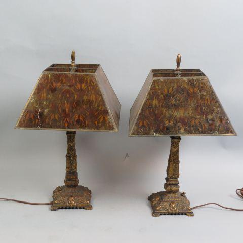 Pair of Art Deco Lamps,: Egyptian style bronzed bases with 10" mica shades, 17" tall.