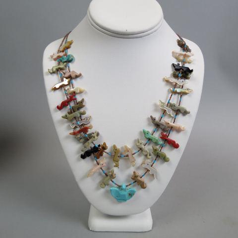 Native American Carved Stone Fetish Necklace,: bird and fox decor, double strand, 25" long.