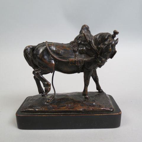 Thomas Gechter Bronze Sculpture of a Saddled Horse: signed and dated 1842, on wooden base, well listed artist.