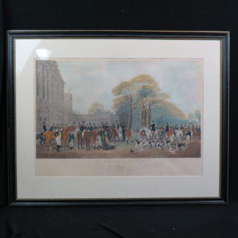 English Fox Hunt Engraving "The Meet at Badminton": by William Giller, after painting by William & Henry Barraud, image area 20" X 29", nicely framed.
