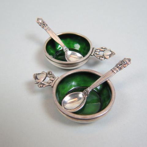 2 Georg Jensen "Acorn" Sterling Salt Cellars,: green enamel interior, #62, artist signed Dessin, 1 5/8" diameter (plus handle), famous Danish silversmith, excellent.