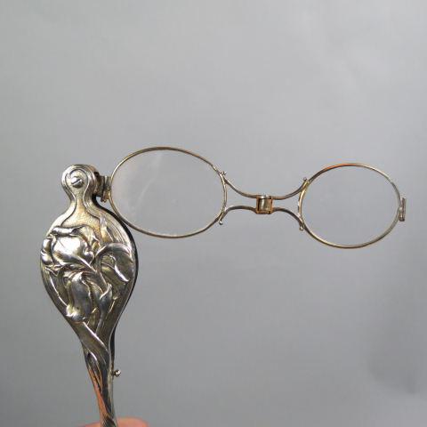Sterling Silver Art Nouveau Lorgnette,: floral design, gold wash, spring loaded optical (not working), pendant loop, 5" long.