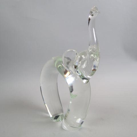 Signed Italian Crystal Figurine of an Elephant,: stylized, sticker of Citima Crystal, artist Jauetto (?), 12" tall, 9" long, excellent.
