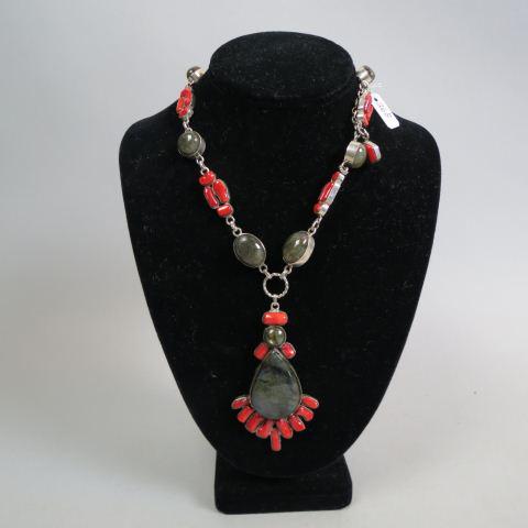 Labordorite & Coral Sterling Silver Necklace,: cabochon gems, red branch coral, 18" long plus 3 1/2" pendant, 80 grams.