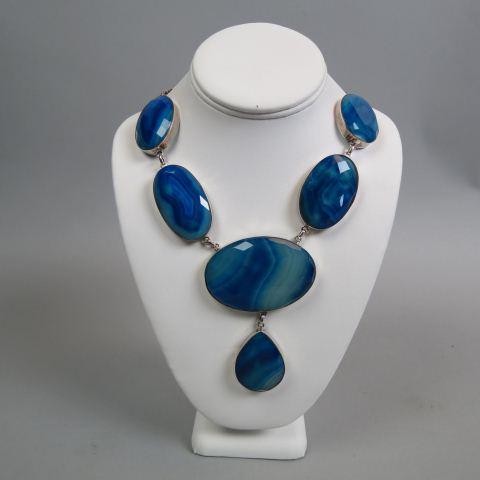 Blue Agate & Sterling Silver Necklace,: 7 large cabochons, 22" long, 149 grams.